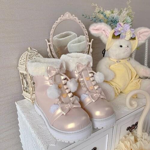 Mid Heel Platform Flats Lolita Boots For Women Winter New Plush Bear Bowknot High Top Female Ankle Boots Japanese Kawaii Lolita