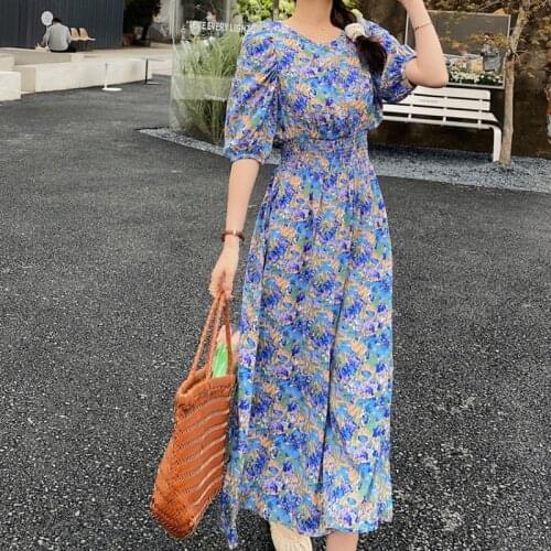 2021 New Women Summer Vintage Long Floral Dress Elastic High Waist Puff Sleeve A-line Pullover Midi Sundress