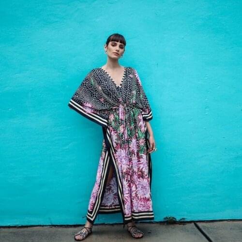 Monet Inspiration Iris Floral Leopard Print Maxi Dress Morocco Gown Girdle Loose Caftan Kaftan Tropical Dolman Ethnic Long Tunic
