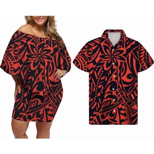 Hycool Polynesian Traditional Tribal Style Print Lady Fashion Red Striped Dress Summer Women Slash Neck Dresses Match Men Shirts