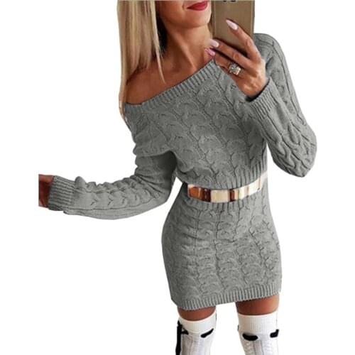 2020 Long Knitted Solid Sweater Dress Women Soft Off Shoulder Long Sleeves Spring Autumn Sexy Weave Twist Pullover