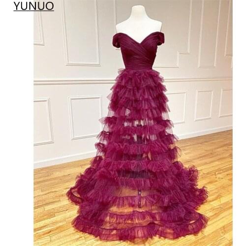 YUNUO Tiered Tulle A-line Evening Dresses for Women Party платье на выпускной Off Shoulder Prom Formal Dress robe longue Zipper