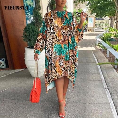 Vintage Casual O Neck Loose Print Dress Fashion New Pattern Autumn Long Sleeve Dress Women Elegant Irregular Midi Dress Vestidos