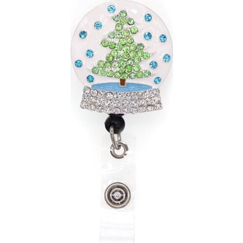 10pcs/lot Free Shipping Rhinestone Crystal Ball Christmas Tree Badge Holder Nurse/School/Office Badge Reel For Christmas Gift