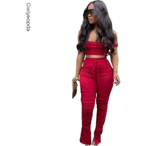 2020 Women 2 Pieces Set Sport Solid Yoga Tracksuits Off Shoulder Crop Tops Stacked Flare Jogger Pants Suit Outfits Matching Set