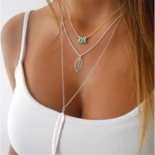 2020 New DIY Jewelry Charm Beads Fashion color Leaves 3 Layer Multilayer Choker Chain Necklace Pendant for women