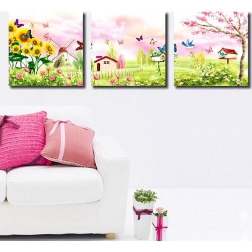 3 panel wall art cartoon story picture landscape painting prints on canvas Wall Art For kids room decoration