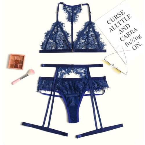 3pcs Women Sexy Lingerie Lace Bra G-string Thong Garter Belts Set Underwear Babydoll Sleepwear Sets New Bra & Brief Sets