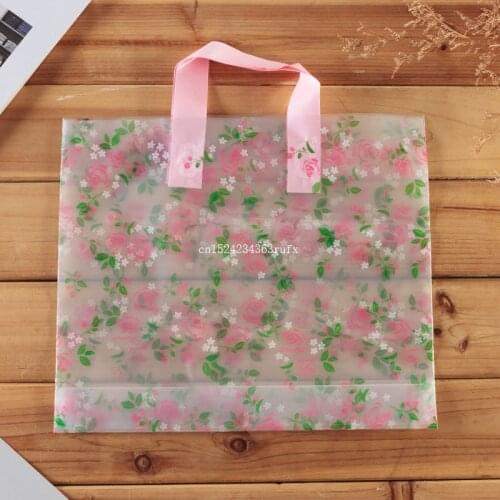 500 pcs 5 Sizes Shopping Carrier Bags with Handle Clear Plastic Bags Gift Boutique Packaging Package Floral Rose Printed
