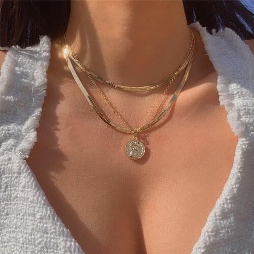Fashion Gold Silver Color Flat Snake Chain Human Head Coin Pendant Necklace For Women Vintage Boho Choker Multilevel Jewelry