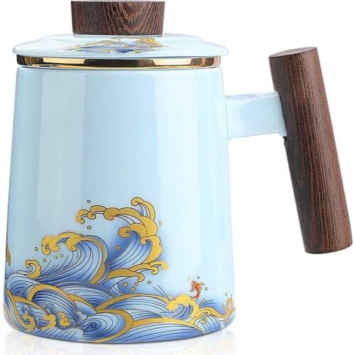 Tea Cup with Infuser and Lid,Ceramic Tea Mug with Pure Gold Ring Tea Infusers for Loose Tea,15 Oz