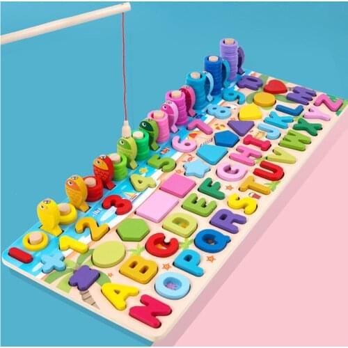 4-in-1 Children Multifunctional Wooden Montessori Toy Count Arithmetic Magnetic Fishing Game Educational Logarithmic Plate