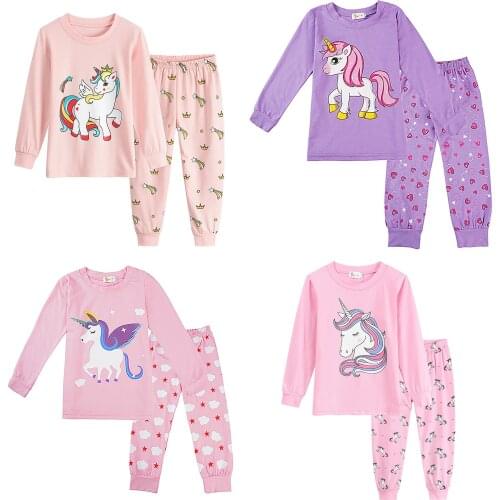 Children Girls Pajamas Set Cotton Spring Autumn Long Sleeve Kids Sleepwear Suit Cute Cartoon T-shirt Tops Pants Girls Outfits