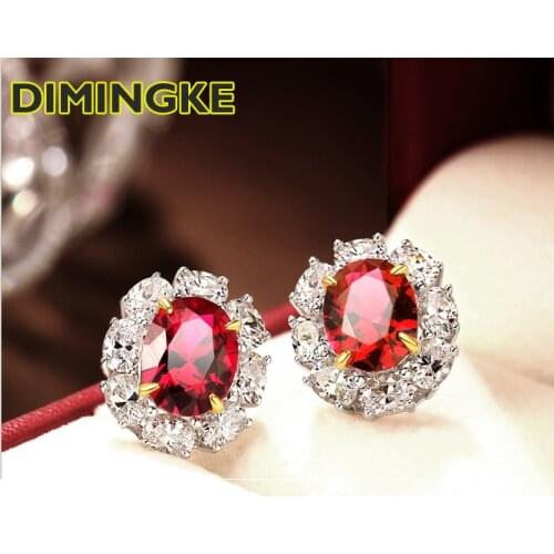DIMINGKE 7*9 Ruby Diamond Stud Earrings 100% S925 Sterling Silver Jewelry Wedding Party Womens Birthday Commemorative Gift