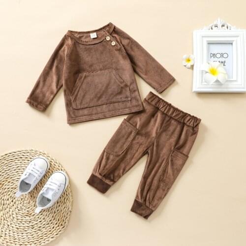 2Pcs Baby Boys Autumn Casual Clothes Sets 2021 New Toddler Long Sleeve Front Pocket Pullover Tops Pants Infant Outfit 0-24M