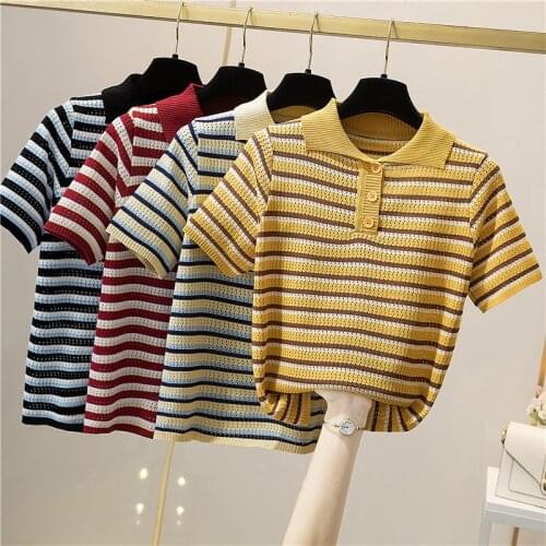 Summer Vintage Short Sleeve Knitted T-shirts Girls Striped High Quality Stretchy Polo Collar Tops Thin Knitwear For Women