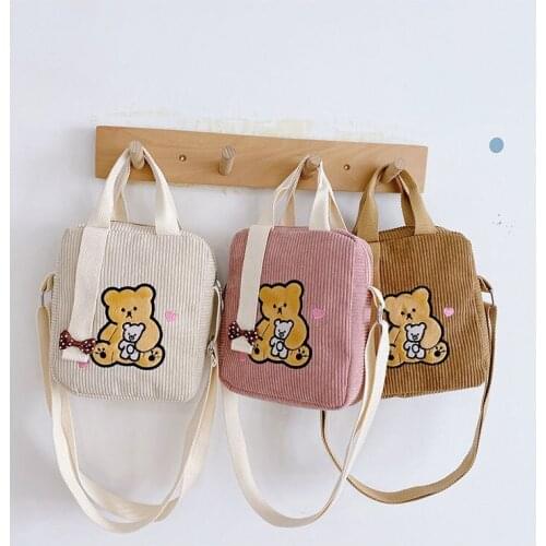 Fashion Corduroy Children Crossbody Bags Cartoon Kids Tote Bags Cute Toddler Shoulder Bags Bear Print Handbag for Baby Girls Boy
