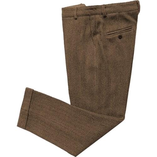 Mens Pants Wool Slim Fit Herringbone Pattern Trousers Casual Tweed Suits Pants With Hidden Expandable Waist For Wedding Party