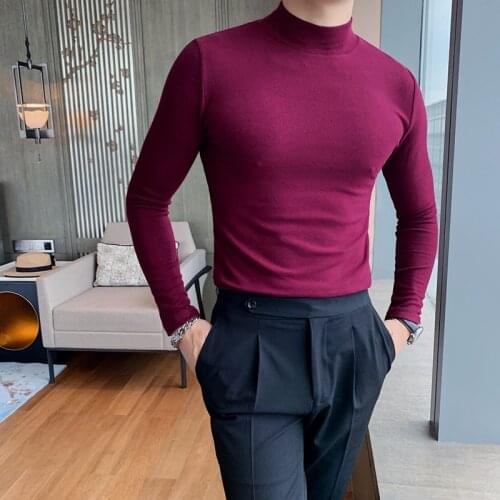 2021 High collar solid double face velvet base shirt/Mens slim leisure long ssleeve T-shirts/Male Fashin tight Leisure T-shirt
