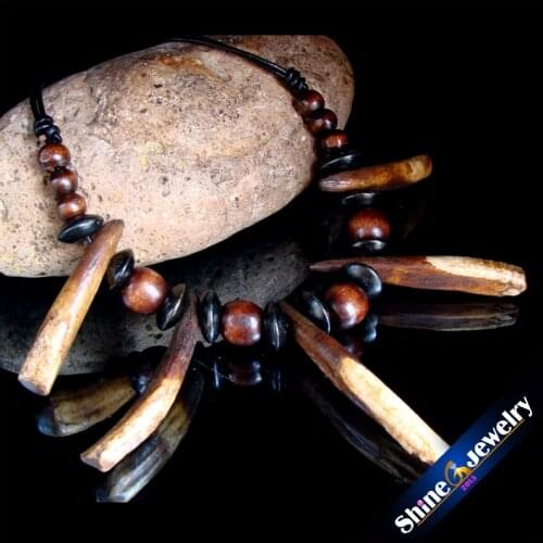 Wholesale Tibetan tribal jewelry natural Long teeth wood beads Leather necklace Free shipping