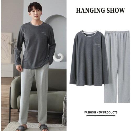 Gray Cotton Plus Size 2PCS Pajama Sets M-4XL Mens Loose Sleepwear O-Neck Top&Pant Nightwear Spring Autumn Casual Home Clothes
