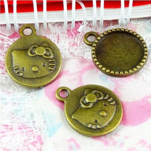 60Pcs Inside Size 14mm Antique Bronze Plated Zinc Alloy Cat Cameo Base Settings Charms Pendant