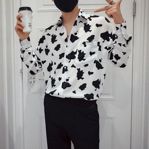 Black White Shirts Mens Slim Fashion Business Society Mens Dress Shirts Korean Printing Casual Shirts Men Long-sleeved Shirts