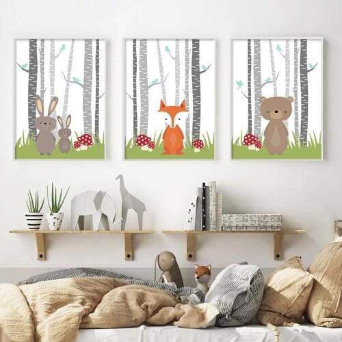 Nordic Woodland Animals Decor Nursery Bedroom Art Painting Rabbit Fox Bear Canvas Prints Kids Room Kawaii Wall Hanging Pictures