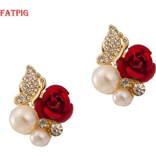 Trendy Rose Flower Earrings Exquisite Design Red Rose Stud Gorgeous Crystal Rhinestone Pearl Gold Stud Earring for Women