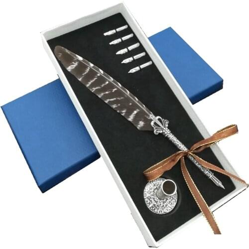 European retro students use Fountain pen peacock feathers dip ink pen set gift box office calligraphy feather pen