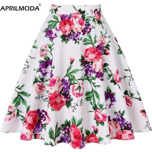 Floral Printed Casual Summer Women Skirt Retro Vintage Cotton High Waist Big Swing Pinup Rockabilly Skirts Skater Womens Cloth