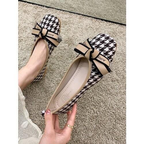 Low-heeled shoes womens spring 2021 new fashion square toe shallow mouth lattice bow casual shoes