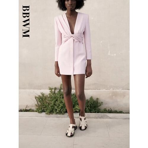 Za 2021 Knot Ruched Mini Dress Women Vintage Long Sleeve Pink Black Office Lady Dresses Woman Front Button Elegant Summer Dress