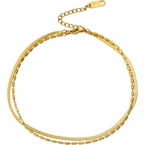 316L Stainless Steel Simple Gold Color 2 Layer Beaded Choker Snake Bone Chains Anklets For Women Fashion Trend Jewelry Gifts
