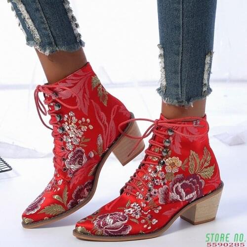 2020 New Women Luxury Silk Boots Martin Ankle Boots New Autumn Winter Embroider Womens Motorcycle Boots Lace Up Shoes Woman