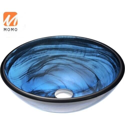 Double-Layer Glass Blue Tempered Washing Hand Basin Countertop Vessel Sink N48