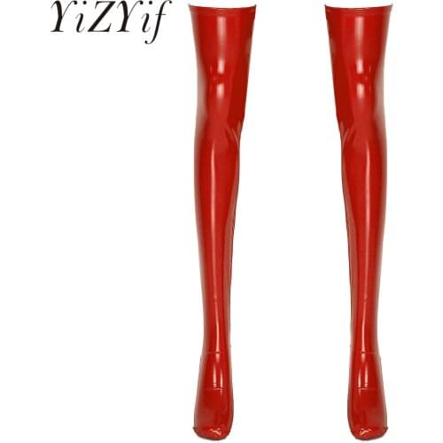 1 Pair Womens Stocking Knee High Sexy Footed Thigh High Wet Look PU Leather Sexy Clubwear Over Knee Socks for Cosplay Stage Show