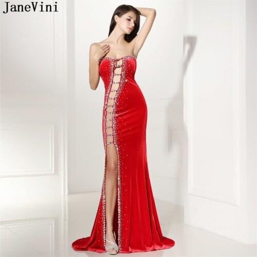 JaneVini Sexy Mermaid Mother of The Bride Dresses Strapless Crystal Side Split Backless Velvet Arabic Red Formal Evening Gowns