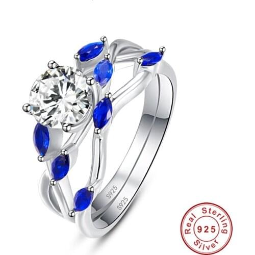 JQUEEN Women Rings Jewelry 2pcs Round White CZ Crystal Stone Inlaid Blue Horse Eye Ring Set S925 Sliver Wedding Band