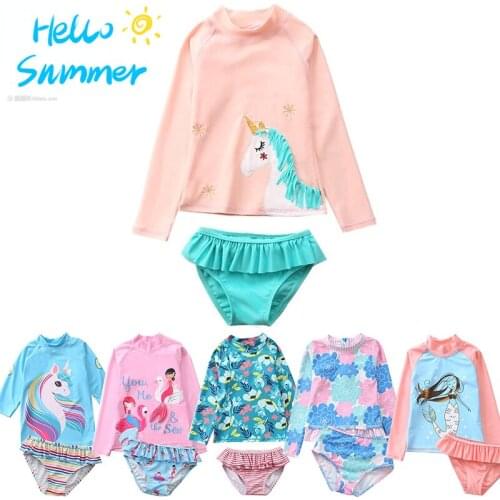 Swimsuit Children Girls Two-Piece Rash Guard Kids Long Sleeve Mermaid Unicorn Print Toddler Girl Swimwear Bathing Suit for Baby