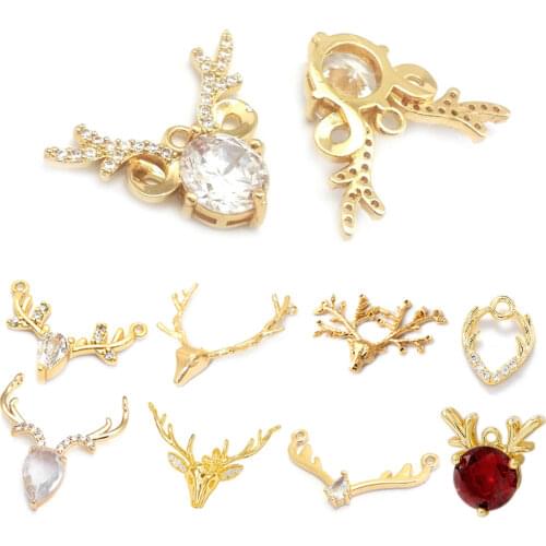 40273)6PCS 23x18MM 24K Champagne Gold Color Brass and Zircon Antlers Charms Pendants Jewelry Making Supplies Diy Accessories