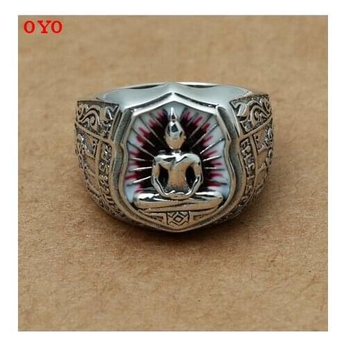 100%S925 sterling silver jewelry Thai carved Buddha vintage mens ring