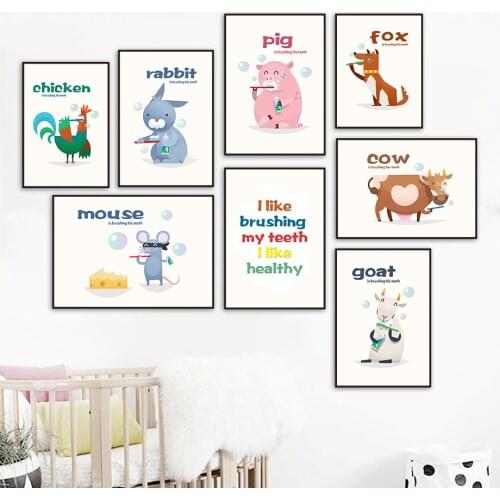 Toothbrush Fox Mouse Pig Rabbit Goat Chicken Wall Art Canvas Painting Nordic Posters And Prints Wall Pictures For Bathroom Decor