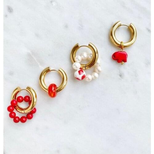 Party Gift red beaded natural freshwater pearl women gifts jewelry stainless steel hoop earring wholesale Dropshipping bijoux