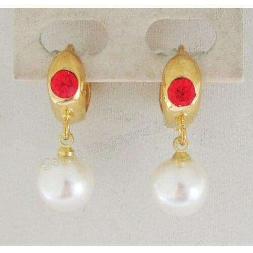RED CZ STONE EARRING WITH PEARL DROP DANGLING PART - YELLOW GOLD GP HUGGIE HOOP TALL 27MM 1.06" MIN ORDER 10$/CAN MIX DESIGN