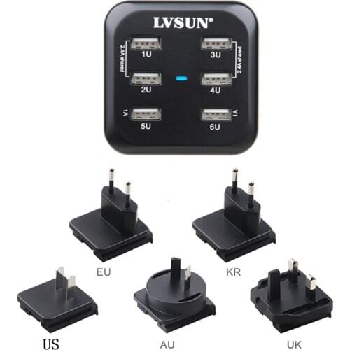 LVSUN Universal Phone Charger 34W 6 USB Port Wall Charger EU US UK AU KR Plug For iPhone 6 7 8 X XS Samsung Huawei Mobile Phone