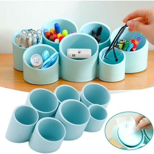 Large Capacity Desk Pen Holder Pencil Makeup Storage Box Seven Cylinders Desktop Organizer Stand Home Office Storage