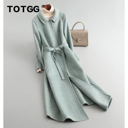High end handmade double-sided cashmere coat womens medium and long popular tweed coat lace up knee length slim off-season