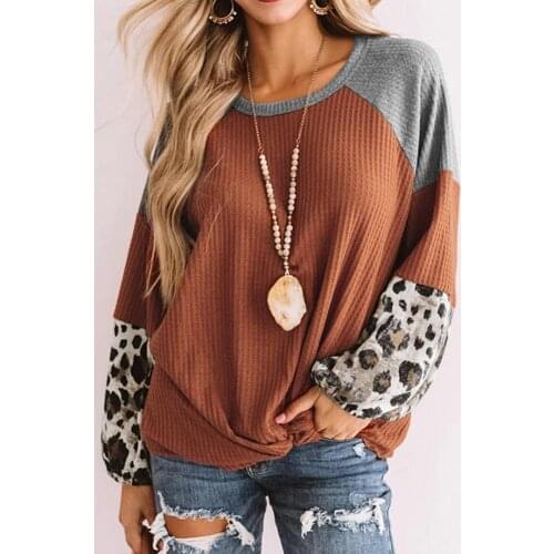 Womens Casual Tunic Tops Leopard Long Sleeve Waffle Knit Orange Blouse with Twist Knot Loose Shirts Twist Knot Loose Sweater