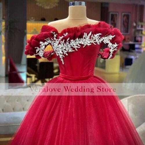 Off Shoulder Red Prom Dress A Line for Women Appliques Beads 2021 Evening Party Gowns Vestido De Fiesta